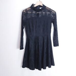 Black Lace Sweetheart Mock Neck Fit & Flare Dress